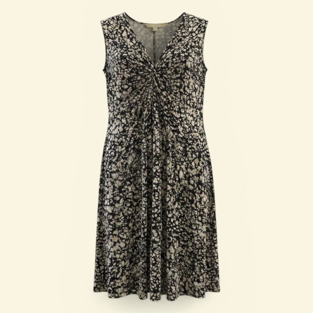 Michael Kors Women’s Large Ruched Front Sleeveless Dress Black Beige Stretch Mid